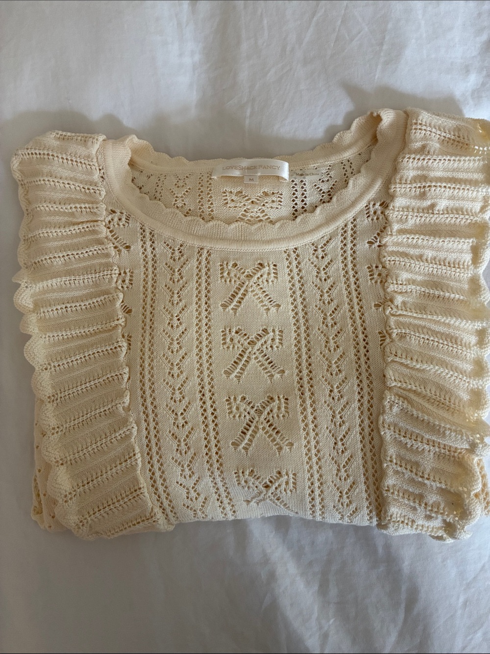 LoveShackFancy Cream Eyelet Ruffle Knit Top